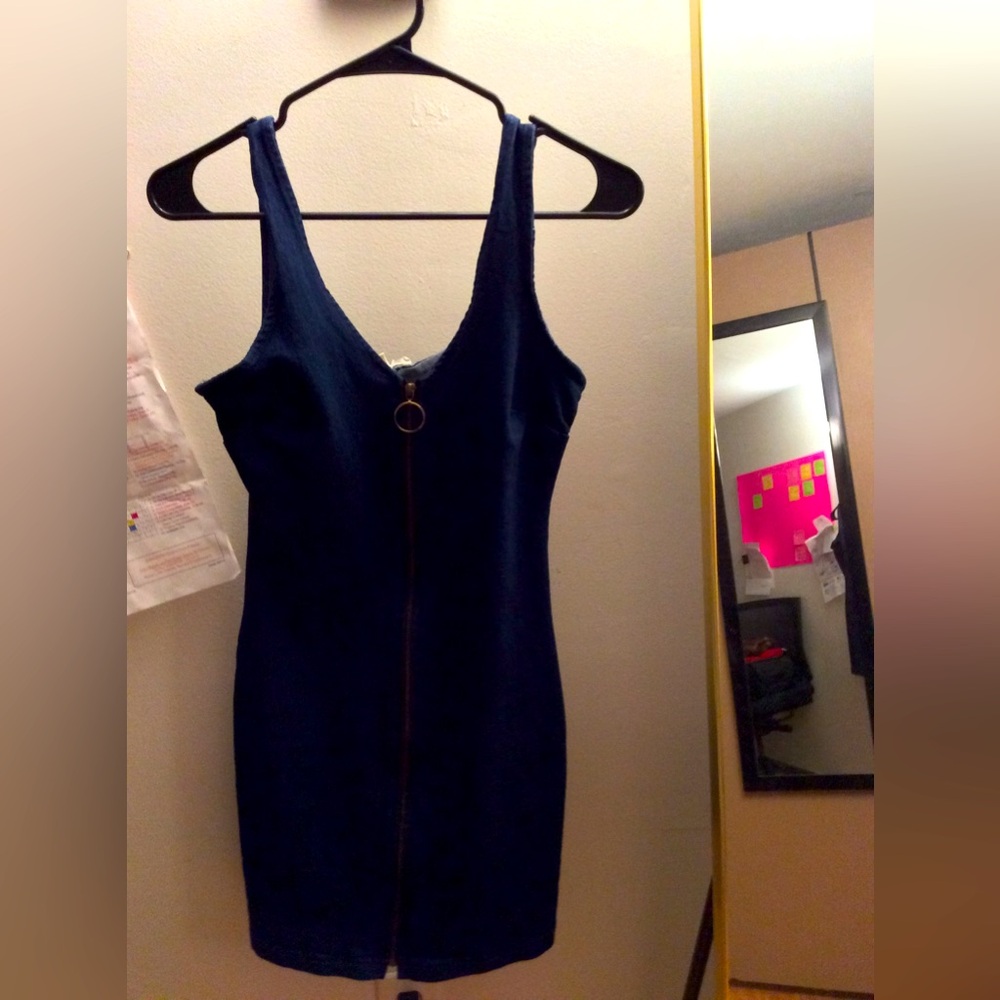 NEW Denim ultra dark blue zipper-up elastic dress small